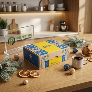 छुट्टी पैटर्न के साथ IKEA पीला और नीला डिस्पोजेबल पैकेजिंग बॉक्स, खाद्य पैकेजिंग के लिए उपयुक्त, कस्टम डिज़ाइन उपलब्ध