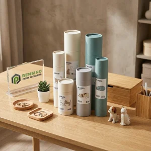Printed Beige and Green Fabric Paper Tube Packaging with Cat and Dog Illustrations, Suitable for Fabric or Retail Packaging, Custom Design Available