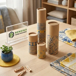 Empaque de tubo de papel de tela kraft con patrones geométricos y de hojas en azul y amarillo, adecuado para empaques de tela o venta al por menor, diseño personalizado disponible