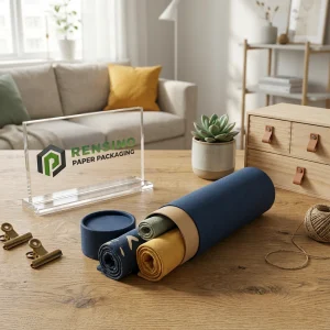 Imballaggio in tubo di carta di stoffa blu con fascia in carta kraft, adatto per imballaggio di tessuti o al dettaglio, design personalizzato disponibile