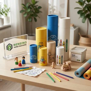 Blau-Gelb und Kraftpapier-Rohrverpackung mit gedruckten Spielzeug- und Buntstift-Illustrationen, geeignet für Stoff- oder Einzelhandelsverpackungen, individuelles Design verfügbar