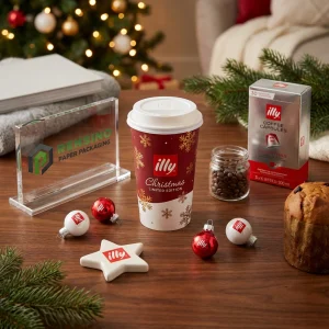 Red and White Disposable Paper Coffee Cups with Snowflake Pattern and “illy” Text, Custom Logo Printing Available