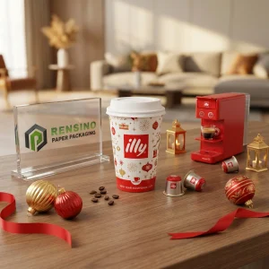 Red and White Disposable Paper Cups with Holiday Ornament Pattern, Custom Logo Printing Available