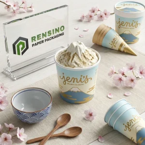 Light Blue Paper Food Packaging Cup with Printed “jeni’s” Text and Mountain Pattern, Suitable for Ice Cream or Frozen Food Packaging, OEM/ODM Service Available
