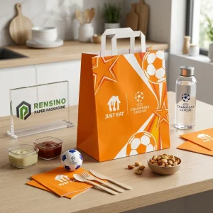 Borsa di Carta Arancione con Motivo di Palla da Calcio e Loghi Stampati, Adatta per Regali, Vendita al Dettaglio, Imballaggio Alimentare o Cosmetico, Servizio OEM/ODM Disponibile