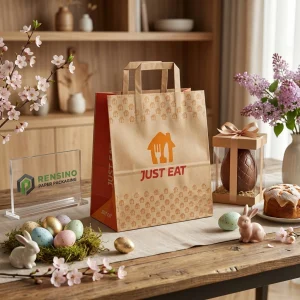 Крафт-бумажная подарочная сумка с напечатанным текстом JUST EAT и логотипом дома, подходит для подарков, еды или розничной упаковки, доступен индивидуальный дизайн