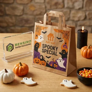 Sacola de Papel Kraft com Padrão de Halloween e Texto IMPRESSO JUST EAT SPOOKY SPECIAL, Adequada para Presente, Varejo ou Embalagem de Alimentos, Design Personalizado Disponível