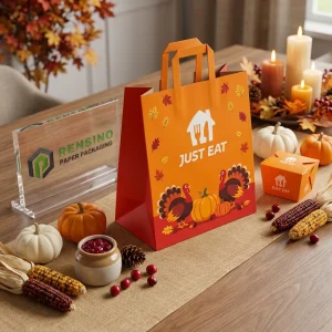 Sacchetto regalo in carta arancione con stampa di foglie autunnali e zucche, adatto per regali, vendita al dettaglio, alimenti o imballaggio cosmetico, servizio OEM/ODM disponibile