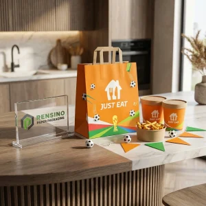 Sacchetto di carta arancione con testo stampato JUST EAT e motivo pallone da calcio, adatto per regali, cibo o imballaggio al dettaglio, servizio OEM/ODM disponibile