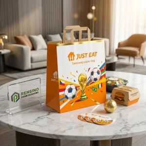Borsa di carta arancione e bianca con testo JUST EAT stampato e motivo calcistico, adatta per imballaggio regalo, alimentare o al dettaglio, servizio OEM/ODM disponibile