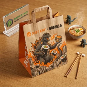 Sacola de Papel Kraft com Design Impresso de Godzilla e Sushi, Adequada para Presentes, Alimentos ou Embalagem de Varejo, Design Personalizado Suportado com Serviço OEM/ODM Disponível