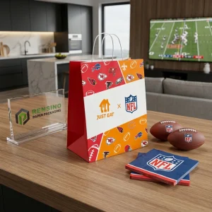 Sacchetto regalo in carta rosso e arancione con logo NFL e motivo a pallone da football, adatto per regali, vendita al dettaglio, alimenti o imballaggi di marca, servizio OEM/ODM disponibile