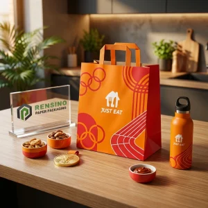 Sacchetto regalo in carta arancione con logo JUST EAT stampato e motivo geometrico, adatto per regali, cibo o imballaggio al dettaglio, servizio OEM/ODM disponibile