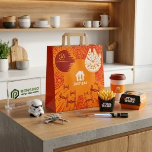 Sacola de papel vermelha e laranja com impressão de Star Wars e alimentos, adequada para presente, alimentos ou embalagem de varejo, design personalizado disponível