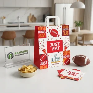 Red Paper Bag with Football and Super Bowl Pattern, Suitable for Gift, Retail, Food, or Promotional Packaging, OEM/ODM Service Available