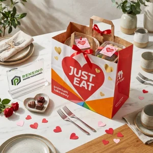 Sacchetto regalo in carta rossa e bianca con testo stampato JUST EAT e motivo a cuore, adatto per regali, cibo o imballaggio al dettaglio, servizio OEM/ODM disponibile