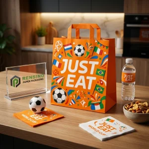 Borsa regalo di carta arancione con motivo calcio e testo JUST EAT, adatta per regali, vendita al dettaglio, imballaggio alimentare o cosmetico, servizio OEM/ODM disponibile