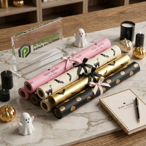 Bedruckte rosa, weiße, goldene und schwarze Geschenkpapierrollen mit Halloween-Katze, Fledermaus und Kürbis-Mustern für Geschenkverpackungen, benutzerdefiniertes Design verfügbar