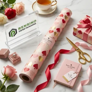 Rosa Geschenkpapierrollen mit rotem und goldenem Herzmuster für Geschenkverpackungen, individuelle Designs verfügbar