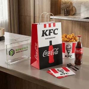 Red and White Paper Bag with KFC and Coca-Cola Logos, Customizable Packaging Solutions