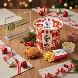 Secchio di Confezionamento Alimentare Usa e Getta Rosso e Bianco con Motivo Festivo e Testo Stampato, Adatto per Confezioni di Fast Food, Stampa del Logo Personalizzata Disponibile