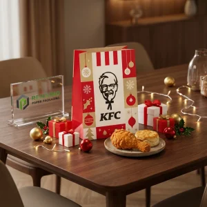 Sacchetto regalo in carta rossa e kraft con motivo festivo e stampa del logo, design personalizzato disponibile