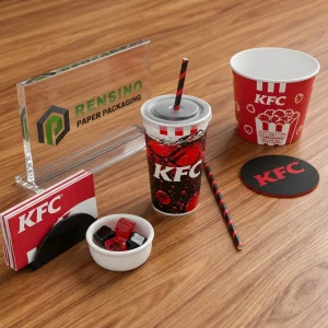 Red and White Printed Paper Cup and Popcorn Container with KFC Text, Suitable for Beverage and Food Packaging, Custom Logo Printing Available