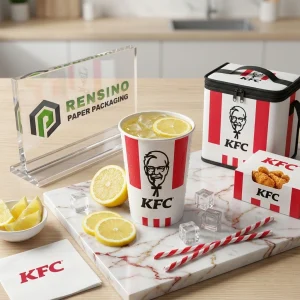 White and Red Paper Bag with Zipper and Handle, Printed with ‘KFC’ Text and Colonel Logo, Suitable for Food Packaging, Custom Design Available