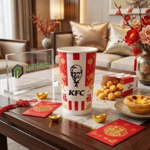 Gobelets en papier jetables blancs et rouges avec motif du Nouvel An chinois et texte imprimé, design personnalisé disponible