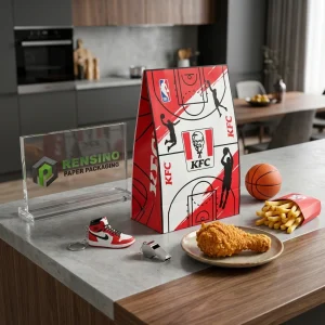 Red and White Paper Bag with Basketball Court and KFC Logo Design, Custom Packaging Solutions