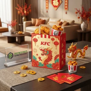 Sacos de Papel para Alimentos Descartáveis Vermelhos e Bege com Ilustração de Dragão e Texto Impresso da KFC, Impressão de Logotipo Personalizado Disponível