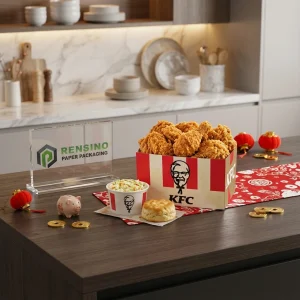 Scatola di Imballaggio Alimentare Usa e Getta Rossa e Bianca con Logo Stampato di Colonel Sanders e Immagine di Pollo Fritto, Adatta per Imballaggio Alimentare, Stampa Logo Personalizzata Disponibile