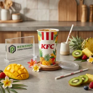 Bicchiere di Carta Bianco con Strisce Rosse e Motivo di Frutta Tropicale per Imballaggio di Bevande, Design Personalizzato Disponibile