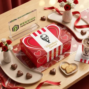 Scatola regalo usa e getta rossa e bianca con motivo a cuore e testo stampato, adatta per imballaggio alimentare, stampa logo personalizzata disponibile