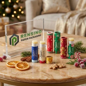 Tubo de bálsamo labial de papel colorido impreso con patrón navideño para uso cosmético o de regalo, diseño personalizado disponible