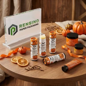 Orange and White Paper Lip Balm Tube with Halloween Pumpkin and Ghost Pattern for Cosmetic or Gift Use, Custom Design Available