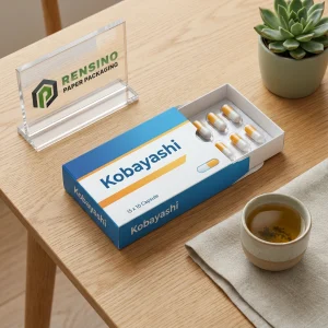 印刷されたブランディングとカプセルパターンの青い紙箱、医薬品またはサプリメントパッケージに適しており、OEM/ODMサービスが利用可能