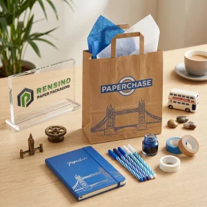 Bolsa de papel kraft marrón con texto impreso en azul ‘PAPERCHASE’ e ilustración del Puente de la Torre, adecuada para empaques de regalo o venta al por menor, impresión de logotipo personalizada disponible