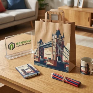 Sacola de Papel Kraft com Ilustração da Ponte Tower de Londres, Adequada para Presente ou Embalagem de Varejo, Impressão de Logotipo Personalizado Disponível