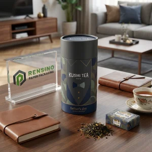 Printed Dark Blue Paper Tea Packaging Tube with Stylized Text and Geometric Pattern, Custom Design Available