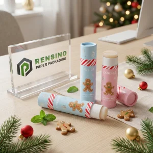 Tube de baume à lèvres en papier bleu et rose avec illustration de bonhomme en pain d'épice pour un usage cosmétique, impression de logo personnalisée disponible