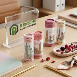 Tubo di Balsamo Labbra di Carta Rosa e Beige con Illustrazioni di Monumenti Cittadini per Uso Cosmetico o Regalo, Servizio OEM/ODM Disponibile