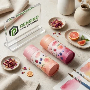 Tubo di Balsamo Labbra in Carta Rosa e Pesca con Illustrazioni di Frutta e Fiori per Uso Cosmetico, Stampa Logo Personalizzata Disponibile