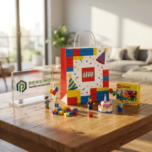 Sacchetto di carta colorato LEGO con motivo di mattoncini per confezioni regalo o al dettaglio, stampa del logo personalizzata disponibile