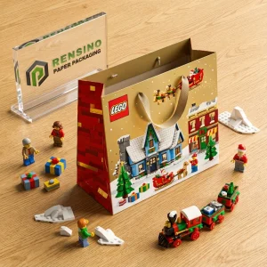Sacchetto di carta LEGO oro e rosso con stampa di treno giocattolo di Natale e casa, adatto per confezionamento regalo, stampa logo personalizzata disponibile