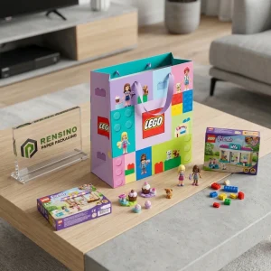 Imballaggio in busta di carta stampata colorata LEGO con figure di giocattoli e motivo di mattoncini, adatto per imballaggio di regali o giocattoli, stampa del logo personalizzata disponibile