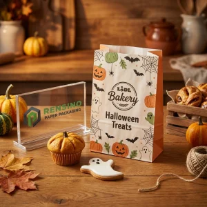 Sacchetti di Carta Kraft Monouso per Alimenti con Motivo di Zucca di Halloween e Fantasmi per Imballaggio da Panetteria, Design Personalizzato Disponibile