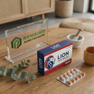 Boîte en papier rouge et bleu avec logo de lion et texte LION imprimé, adaptée pour l'emballage pharmaceutique ou de cadeaux, service OEM/ODM disponible