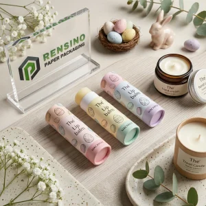 Tubo di balsamo labbra in carta color pastello con motivo di macaron per uso cosmetico o regalo, stampa del logo personalizzata disponibile