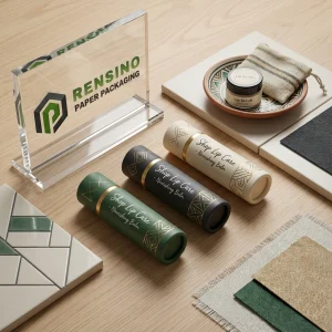 Tubo de bálsamo labial de papel verde, negro y beige con patrón geométrico y texto impreso para uso cosmético o de regalo, servicio OEM/ODM disponible